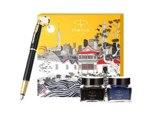 PARKER 派克IM纯黑丽雅金夹墨水笔+上海大都会两瓶小墨水礼盒套装 